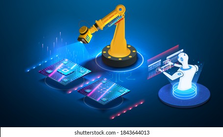 Futuristic microchip processor lights on blue background. Artificial intelligence. Robot  AI control production line on smart factory. Automatization of factory idea. Production of processors, chips