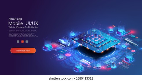 Futuristic microchip processor with lights on the blue background. Quantum computer, large data processing, database concept. Future technology development CPU and microprocessors for machine learnin