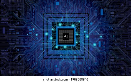 Futuristic microchip processor with lights on the blue background. Quantum computer, large data processing, database concept. CPU isometric banner. Central Computer Processors CPU concept.Digital chip