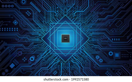 Futuristic microchip processor with lights on the blue background. Quantum computer, large data processing, database concept. CPU isometric banner. Central Computer Processors CPU concept.Digital chip