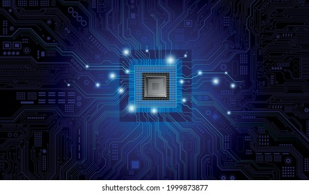 Futuristic microchip processor with lights on the blue background. Quantum computer, large data processing, database concept. CPU isometric banner. Central Computer Processors CPU concept.Digital chip