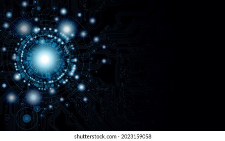 Futuristic microchip processor with lights on the blue background. Quantum computer, large data processing, database concept. CPU isometric banner. Central Computer Processors CPU concept.Digital chip