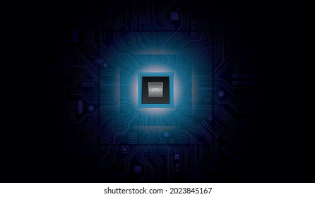 Futuristic microchip processor with lights on the blue background. Quantum computer, large data processing, database concept. CPU isometric banner. Central Computer Processors CPU concept.Digital chip