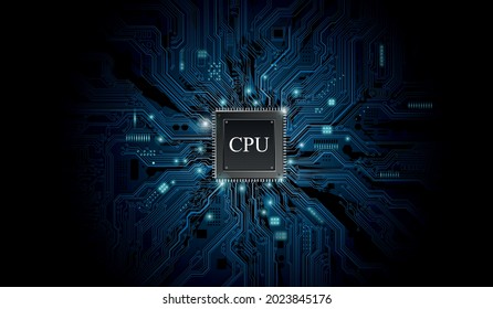 Futuristic microchip processor with lights on the blue background. Quantum computer, large data processing, database concept. CPU isometric banner. Central Computer Processors CPU concept.Digital chip