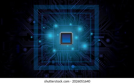 Futuristic microchip processor with lights on the blue background. Quantum computer, large data processing, database concept. CPU isometric banner. Central Computer Processors CPU concept.Digital chip