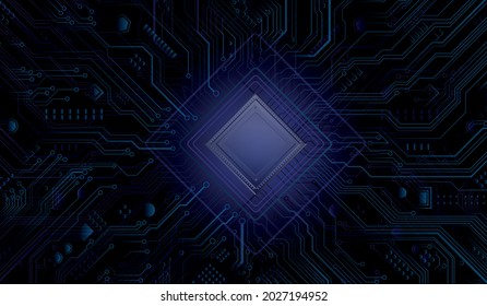 Futuristic microchip processor with lights on the blue background. Quantum computer, large data processing, database concept. CPU isometric banner. Central Computer Processors CPU concept.Digital chip