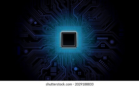 Futuristic microchip processor with lights on the blue background. Quantum computer, large data processing, database concept. CPU isometric banner. Central Computer Processors CPU concept.Digital chip