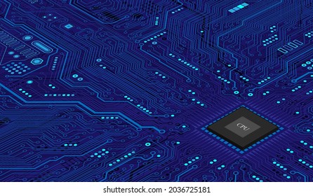 Futuristic microchip processor with lights on the blue background. Quantum computer, large data processing, database concept. CPU isometric banner. Central Computer Processors CPU concept.Digital chip