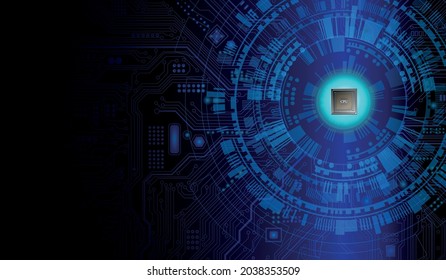 Futuristic microchip processor with lights on the blue background. Quantum computer, large data processing, database concept. CPU isometric banner. Central Computer Processors CPU concept.Digital chip