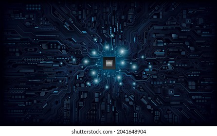 Futuristic microchip processor with lights on the blue background. Quantum computer, large data processing, database concept. CPU isometric banner. Central Computer Processors CPU concept.Digital chip