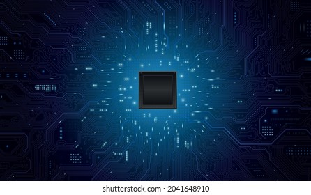 Futuristic microchip processor with lights on the blue background. Quantum computer, large data processing, database concept. CPU isometric banner. Central Computer Processors CPU concept.Digital chip