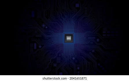 Futuristic microchip processor with lights on the blue background. Quantum computer, large data processing, database concept. CPU isometric banner. Central Computer Processors CPU concept.Digital chip