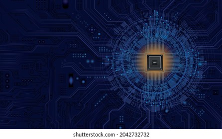 Futuristic microchip processor with lights on the blue background. Quantum computer, large data processing, database concept. CPU isometric banner. Central Computer Processors CPU concept.Digital chip