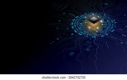 Futuristic microchip processor with lights on the blue background. Quantum computer, large data processing, database concept. CPU isometric banner. Central Computer Processors CPU concept.Digital chip