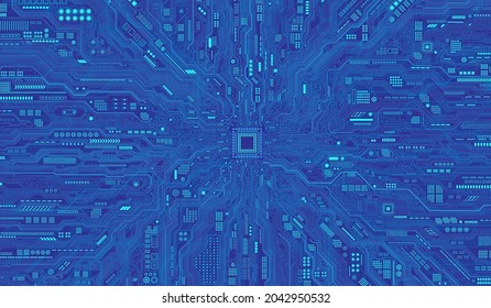 Futuristic microchip processor with lights on the blue background. Quantum computer, large data processing, database concept. CPU isometric banner. Central Computer Processors CPU concept.Digital chip