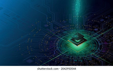 Futuristic microchip processor with lights on the blue background. Quantum computer, large data processing, database concept. CPU isometric banner. Central Computer Processors CPU concept.Digital chip