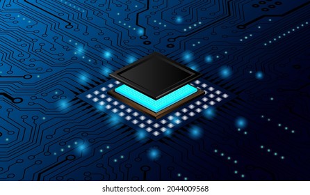 Futuristic microchip processor with lights on the blue background. Quantum computer, large data processing, database concept. CPU isometric banner. Central Computer Processors CPU concept.Digital chip