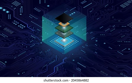 Futuristic microchip processor with lights on the blue background. Quantum computer, large data processing, database concept. CPU isometric banner. Central Computer Processors CPU concept.Digital chip