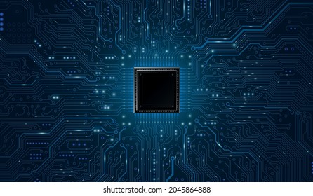 Futuristic microchip processor with lights on the blue background. Quantum computer, large data processing, database concept. CPU isometric banner. Central Computer Processors CPU concept.Digital chip