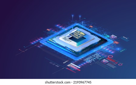 Futuristic microchip processor with lights on the blue background. Quantum computer, large data processing, database concept. CPU isometric banner. Central Computer Processors. Blue neon color