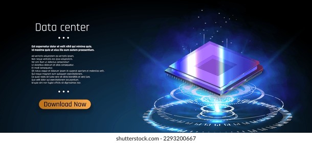 Futuristic microchip processor with lights on the blue background. Quantum computer, computer processor with digital chip and electronic components on motherboard or printed circuit board.