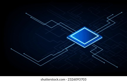 Futuristic microchip processor with lights on the blue background. Quantum computer, concept innovation background, vector design