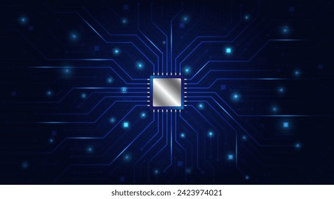 Futuristic microchip processor with lights on the blue background. Central Computer Processors CPU concept, Technology abstract background. Vector and Illustration of motherboard circuit with CPU.