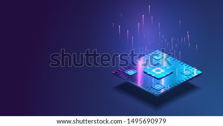 Futuristic microchip processor with lights on the blue background. Quantum computer, large data processing, database concept. CPU isometric banner. Central Computer Processors CPU concept.Digital chip