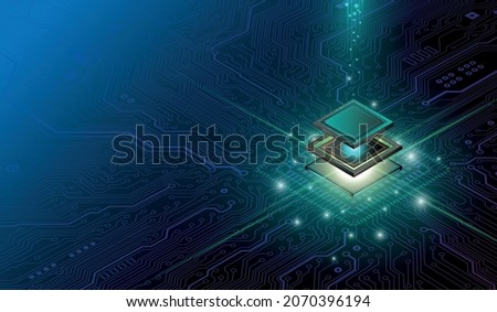 Futuristic microchip processor with lights on the blue background. Quantum computer, large data processing, database concept. CPU isometric banner. Central Computer Processors CPU concept.Digital chip