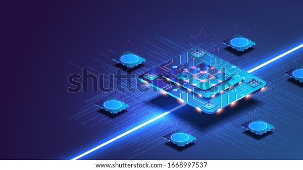 Futuristic microchip processor with lights on
the blue background. Quantum computer, large data processing,
database concept. Artificial intelligence and robotics quantum
computing processor
concept.