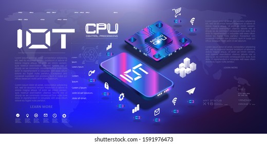 Futuristic microchip processor for mobile phone and IOT. Concept for connecting mobile devices to the global Internet network with displayed isometric icons interacting with each other or the external
