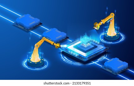 Futuristic microchip processor with on blue background. Developer of technologies for electronic devices on a microchip or microprocessor, hardware engineering. Quantum computer, big data processing.