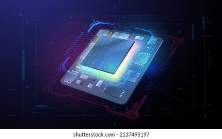 Futuristic microchip processor. Quantum computer database concept. modern CPU illustration . Central Computer Processors. Digital chip with HUD elements. Tech Futuristic Template.