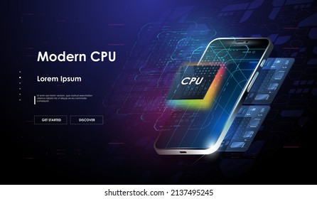 Procesador de microchip futurista. Concepto de base de datos cuántica de computadoras. Ilustración moderna de CPU . Chip digital con elementos HUD. Procesadores Centrales De Computadora. Plantilla de tecnología futurista.