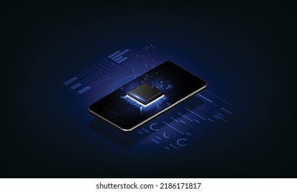 Futuristic microchip processor. Quantum computer database concept. Modern CPU illustration . Digital chip with HUD elements. Central Computer Processors. Tech Futuristic Template.