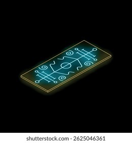 Futuristic microchip technology glowing with neon light on electronic circuit board, representing innovation and advanced computing