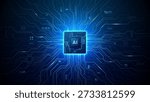 Futuristic microprocessor design featuring artificial intelligence symbol on integrated circuit board with glowing pathways and digital technology elements. Digital blue technology background.