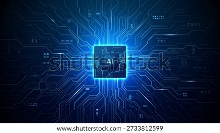 Futuristic microprocessor design featuring artificial intelligence symbol on integrated circuit board with glowing pathways and digital technology elements. Digital blue technology background.