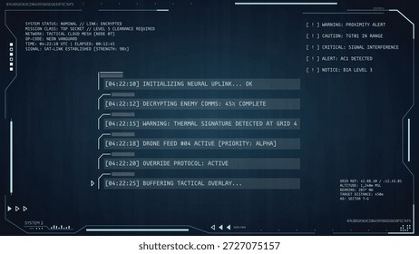 Superposición de interfaz HUD militar futurista. Pantalla táctica de control de misión con registros de datos digitales, escaneo de objetivos, GUI de ciencia ficción. Tablero de tecnología cibernética para interfaz de usuario de juegos, vigilancia de combate, sistemas de guerra.