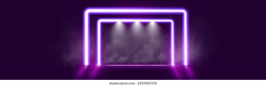 Futuristic minimal purple neon light hexagon frame background template with glowing lines on dark transparent backdrop. Perfect for modern design, tech visuals, banners, and creative projects.