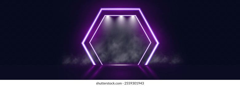 Futuristic minimal purple neon light hexagon frame background template with glowing lines on dark transparent backdrop. Perfect for modern design, tech visuals, banners, and creative projects.