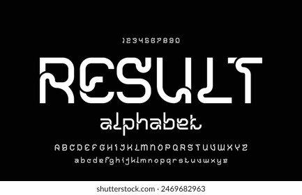Futuristic minimalist display font design, alphabet, typeface, letters and numbers, typography.