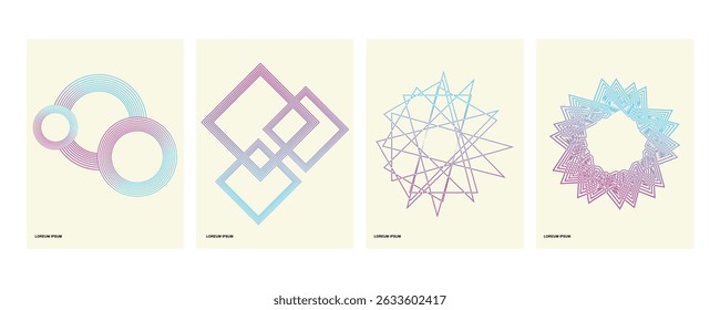 futuristic and minimalist style vector illustration. Each illustration consists of simple geometric shapes combined with bright color gradients (magenta, purple, blue, cyan) to create an aesthetic.