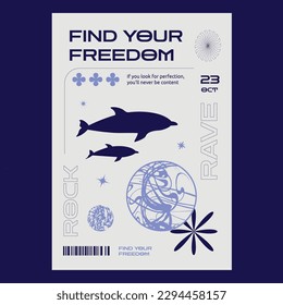 Futuristic minimalistic poster with silhouettes of a dolphin over a sphere. Placard design for a techno party, festival, music concert.