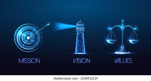 Futuristic mission, vision, values concept with glowing target, lighthouse and scales symbols
