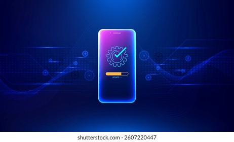 Futuristic mobile phone with progress update bar, checkmark and gear icon on screen, set against blue background with digital technology elements. Mobile application security and software development.