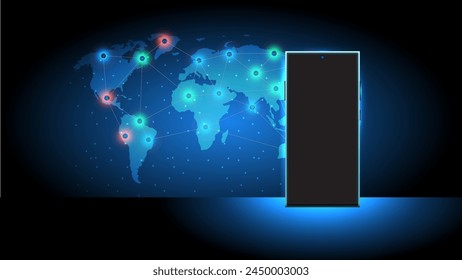 Futuristic Mobile Phone and smartphone Vector Illustration with Holographic World Map. Concept of network integration, cloud computing, globalization, and social networking. Vector