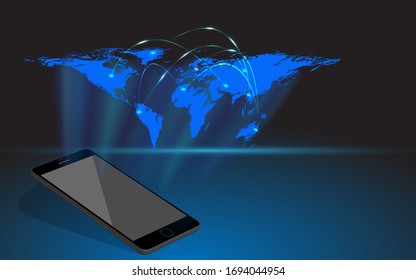 Futuristic Mobile Phone Vector Illustration with Hologram World Map