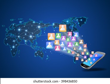 Futuristic Mobile Phone Vector Illustration with Holographic World Map and Social Media Icons