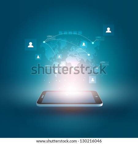Futuristic Mobile Phone Vector Illustration with Holographic World Map and Social Media Icons | EPS10 Design